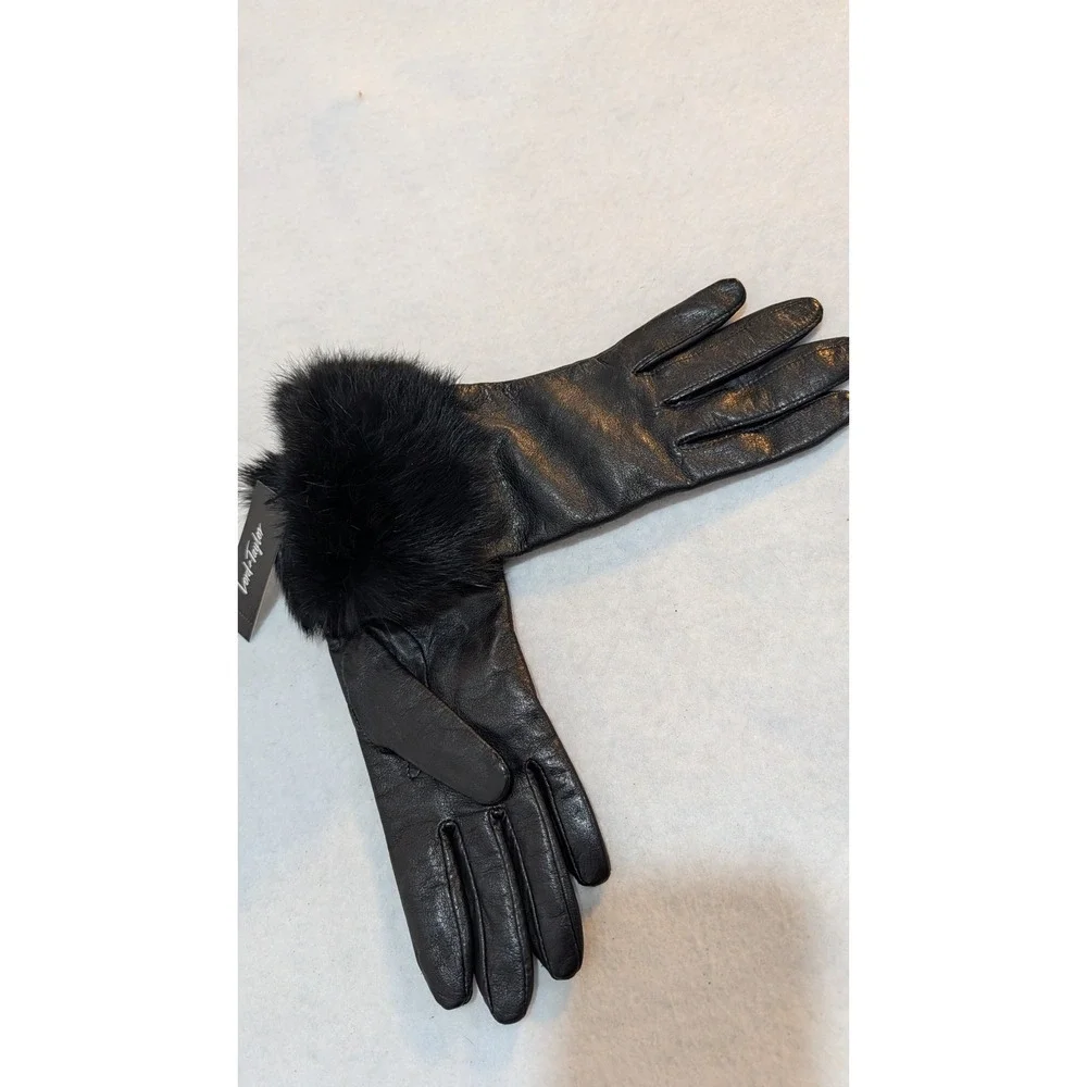 Lord & Taylor Black Leather Gloves Real Rabbit Fur Cuff Acrylic Lined Size 6.5